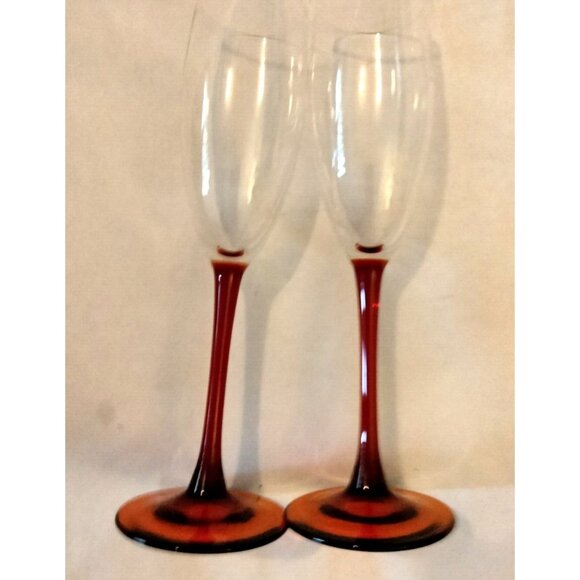 Clear Ruby Red Champagne Flute Tall Stem Fluted Glass Holiday Christmas Wedding - Picture 1 of 7